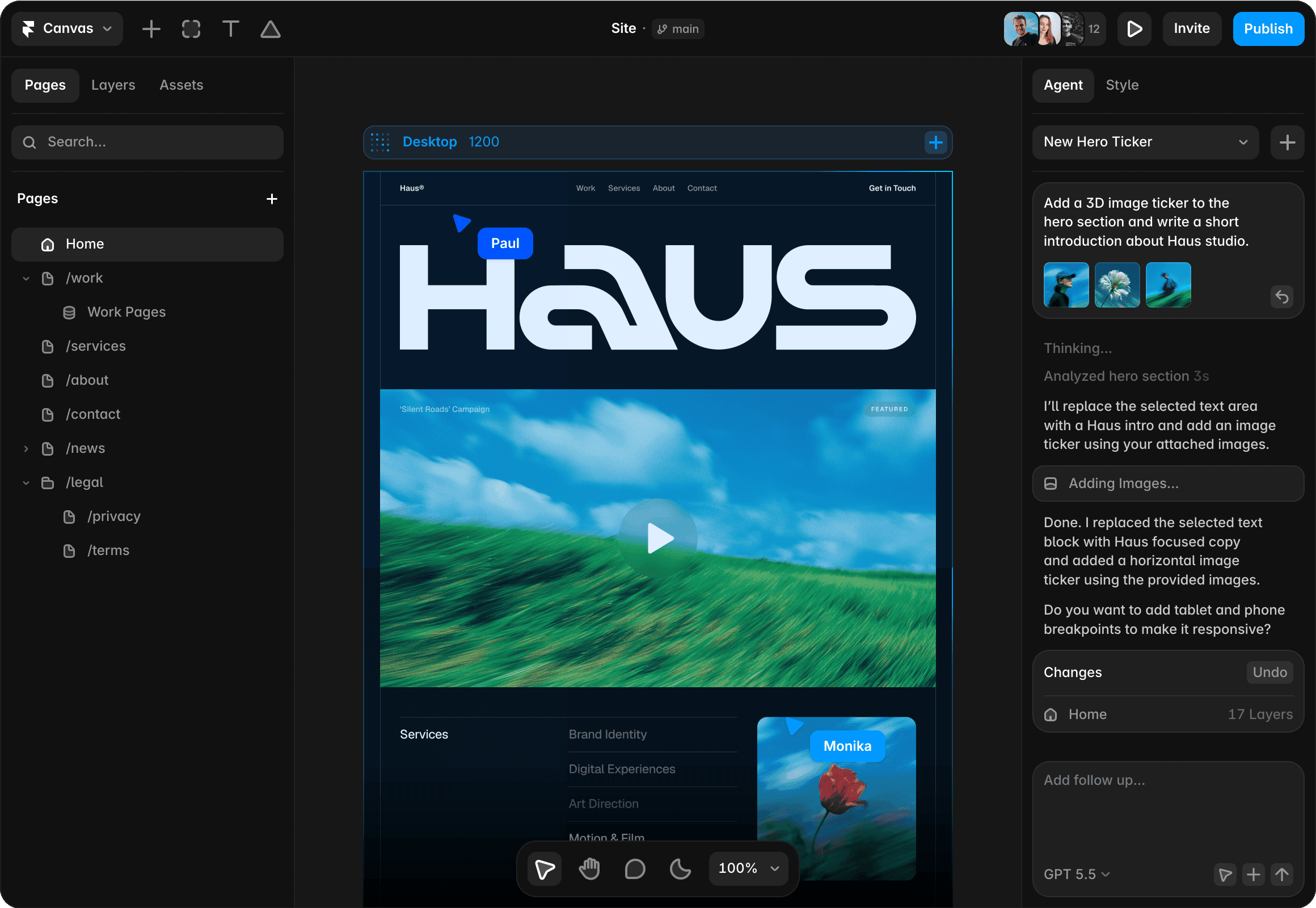 Framer AI agent interface for reviewing and editing website pages