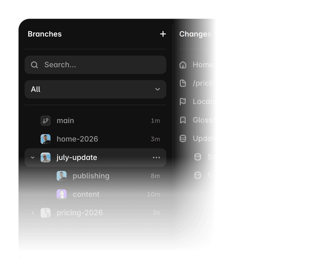 Framer branching interface for reviewing and merging site changes