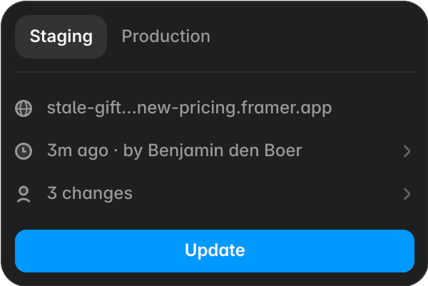 Framer staging interface for publishing changes safely