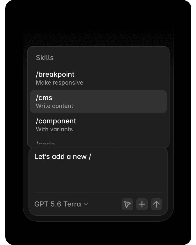 Skills panel showing AI agent capabilities in Framer.